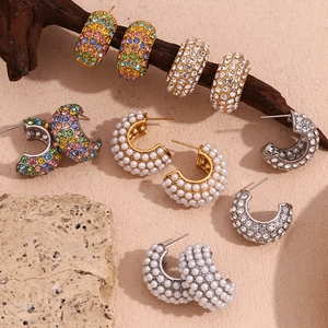 Chunky C Shape Hoop Earrings Stainless Steel With 18K Gold Plated Rhinestone And Faux Artificial Pearl Fashion Jewelry For Women