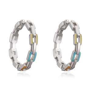 Colorful enamel chain link hoop earrings in silver metal with vibrant drip oil design