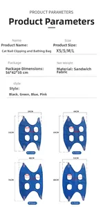 Size chart for multifunctional cat grooming bag featuring XS to L dimensions and mesh material