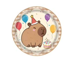 Capybara birthday party paper plate with cartoon design and scalloped edges