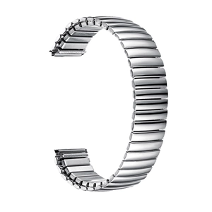 Universal polished silver stainless steel elastic watch band shown in a C-shaped curve