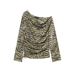 Damen Ein Schulter Asymmetrische Tierdruck Bluse Polyester Satin Finish Geraffte Seite Langarm Sexy Streetwear Top