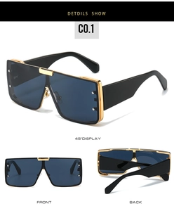 Three perspectives of square frame sunglasses showing golden metal details and blue lenses