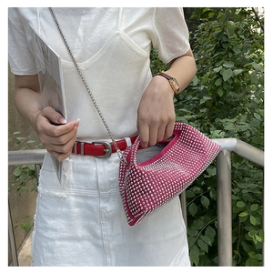 Detail of a bright pink rhinestone handbag with silver chain strap shown in outdoor setting