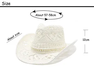 Detailed size chart for white crochet cowboy hat with pearl chain and 8cm wide brim