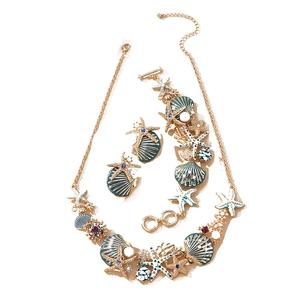 Parure collier et bracelet étoile de mer et coquillage avec perles pour vacances