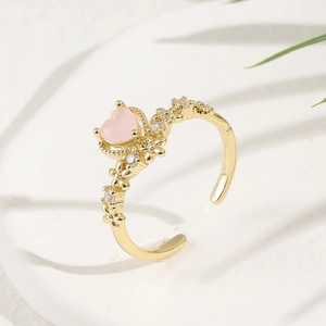 Pink Heart Adjustable Open Ring Copper With Zircon Gold Plated Sweet Romantic Fashion Jewelry For Women Girls