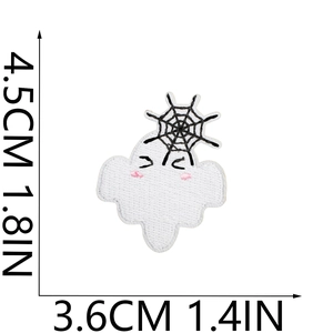 Detail of Halloween ghost embroidery patch with cobweb showing 4.5x3.6cm dimensions