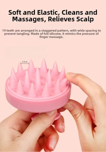 Pink silicone scalp massager featuring nineteen soft conical teeth with 1.5cm spacing