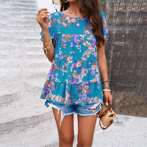 Blouse d'été à manches courtes en mousseline avec imprimé fleuri et volants