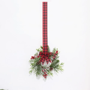 Mini Christmas wreath with buffalo plaid bow, red berries and pinecones on white background