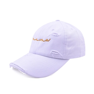 Macro shot of gold mama embroidery on lavender distressed cotton baseball cap
