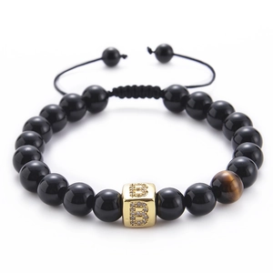 Men Black Agate Tiger Eye Stone Beaded Bracelet Gold Rhinestone Initial Letter Square Charm Adjustable Jewelry Unisex