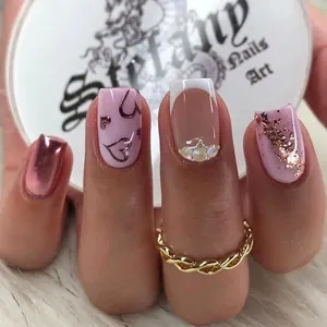 French White Press On Nails ABS Resin Aurora Heart Rhinestone Sweet Style Artificial False Nails For Women Long Square