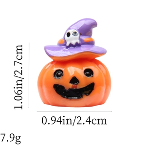 Miniature pumpkin ornament with purple wizard hat and ghost, size 1.06x0.94 inches