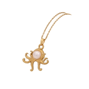 Golden octopus necklace with white pearl pendant on a fine minimalist gold chain