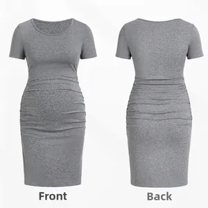 Front and back detail of grey short sleeve maternity dress with ruched belly design