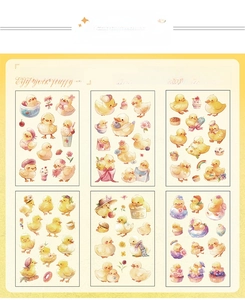 Macro detail of 6 cute yellow duck PET stickers for scrapbooking and DIY phone cases