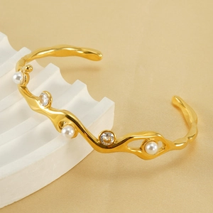 Bracciale vintage francese placcato oro 18k in acciaio inossidabile con perle e cristalli