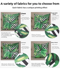 Detail view of four fabric textures for tropical leaf print cushion covers in macro shots