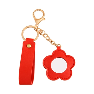 Red PU leather flower mirror keychain with gold lobster clasp and hand strap