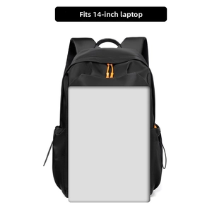 Detail of waterproof Oxford backpack showing 14-inch laptop compartment with orange zipper