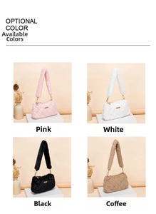 Detailed view of quilted faux fur shoulder bags in pink, white, black, and coffee colors