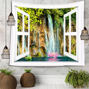 Detail of 3D window view tapestry showing a waterfall, forest and pink lotus flowers