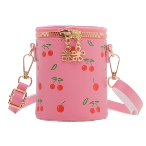 Sac seau rose imprimé cerises pour filles avec bandoulière réglable et zips dorés à fleurs