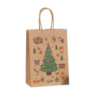 Christmas Kraft paper gift bag with cartoon tree and snowman patterns on white background