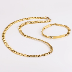 Polished gold flat link chain necklace and bracelet set with an engravable ID plate