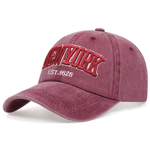Vintage washed cotton New York embroidered baseball cap in deep red with curved brim