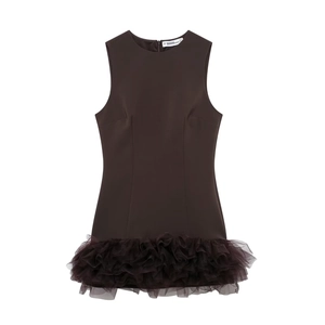 Women Sleeveless Mini Dress Layered Mesh Ruffle Hem Round Neck High Waist Sexy Party Clubwear Solid Color Polyester