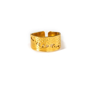 Adjustable 18k gold plated stainless steel ring with a wide hammered texture and open design