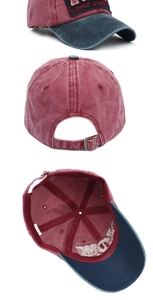 Detail of vintage washed cotton baseball cap with embroidery patch and metal buckle