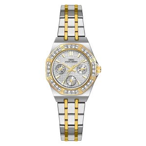 Luxury multi-functional steel watch with crystal bezel and silver-gold tone strap