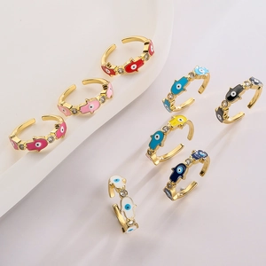 Hamsa Hand Evil Eye Open Ring Gold Plated Copper Enamel Zircon Adjustable Fashion Bohemian Jewelry For Women
