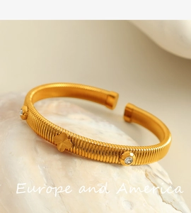 Macro detail of gold snake-bone bracelet with clover relief and sparkling crystal inlay