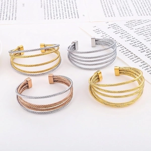 Stainless Steel Multi Layer Wire Cable Open Bangle Bracelet For Women Twisted Rope Minimalist Jewelry