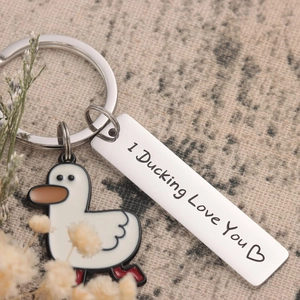 Cute stainless steel duck keychain with engraved I Ducking Love You metal pendant
