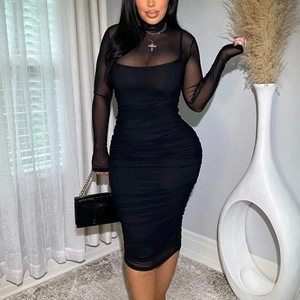 Femmes Sexy Maille Transparente Manche Longue Robe Froncée Moulante Élégante Coupe Ajustée Soirée Robe Midi Top And Bottom
