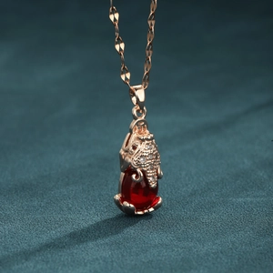 PiXiu Pendant Necklace Rose Gold Titanium Steel Brass Red Gemstone Lucky Beast Rhinestone Korean Style Lip Chain For Women