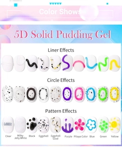Detailed color chart for 5D Solid Pudding Gel showcasing various colors and nail art effects