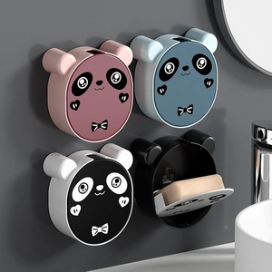Cute Panda Soap Dish Wall Mounted Punch Free Flip Top Drainage Plastic Storage Holder For Bathroom Decor Cartoon