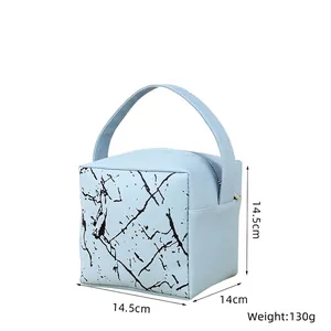 Close-up of light blue marble pattern PU cosmetic bag with size 14.5x14x14.5cm details