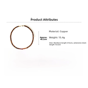 Macro detail of leopard print fabric necklace with copper chain and sizing specifications