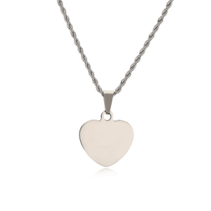 Polished heart pendant necklace with stainless steel rope chain on white background