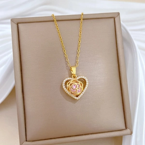 Elegant gold titanium heart necklace with pink rose zircon and crystal diamond pave stones