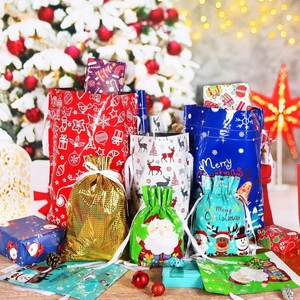 Assorted Christmas drawstring gift bags and boxes set with Merry Christmas festive patterns