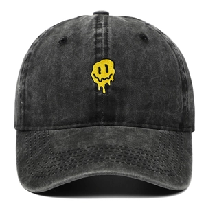 Casquette de baseball en jean gris foncé délavé avec broderie smiley jaune fondu